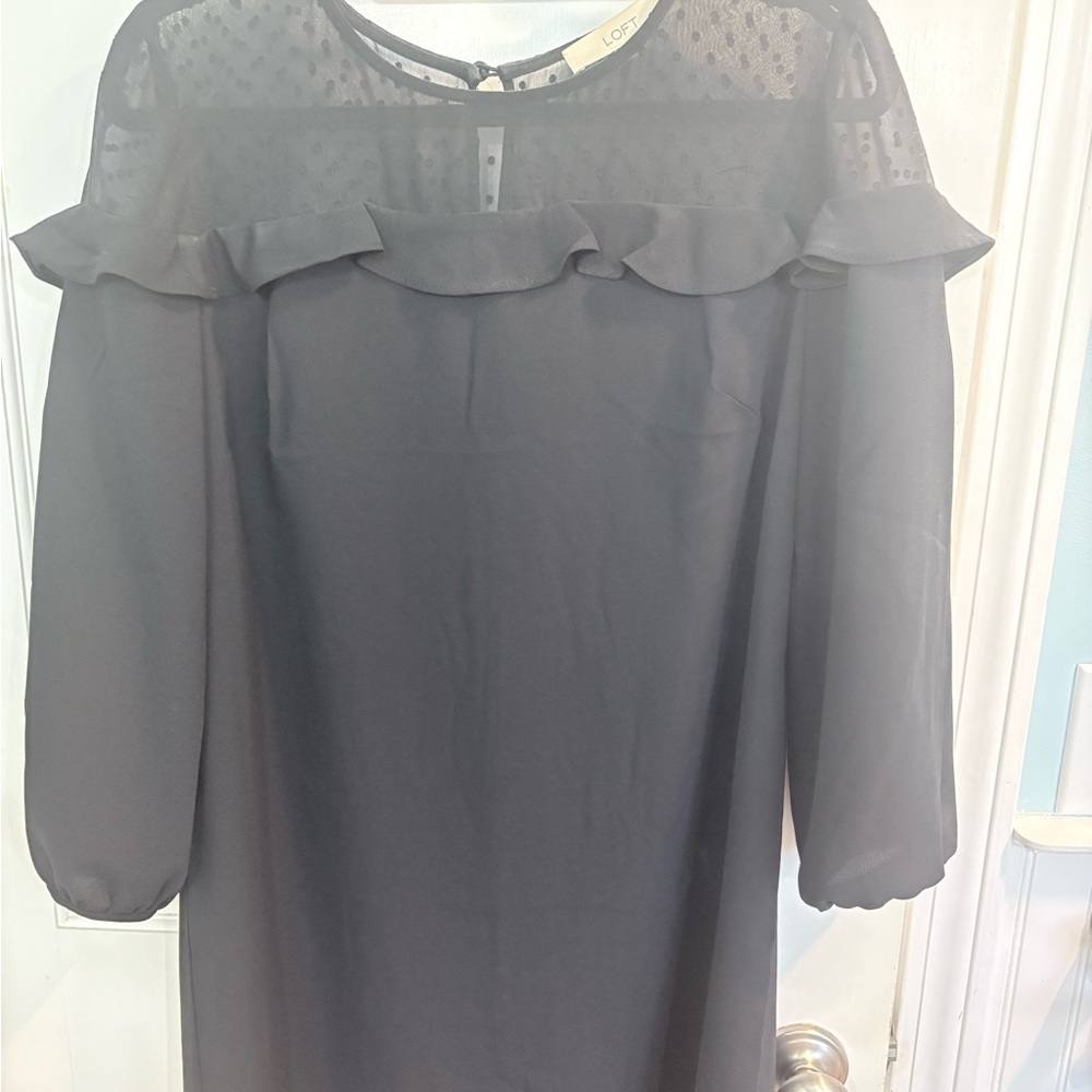 LOFT Petites Black Swiss Dot Ruffle Shift Dress Size 12P